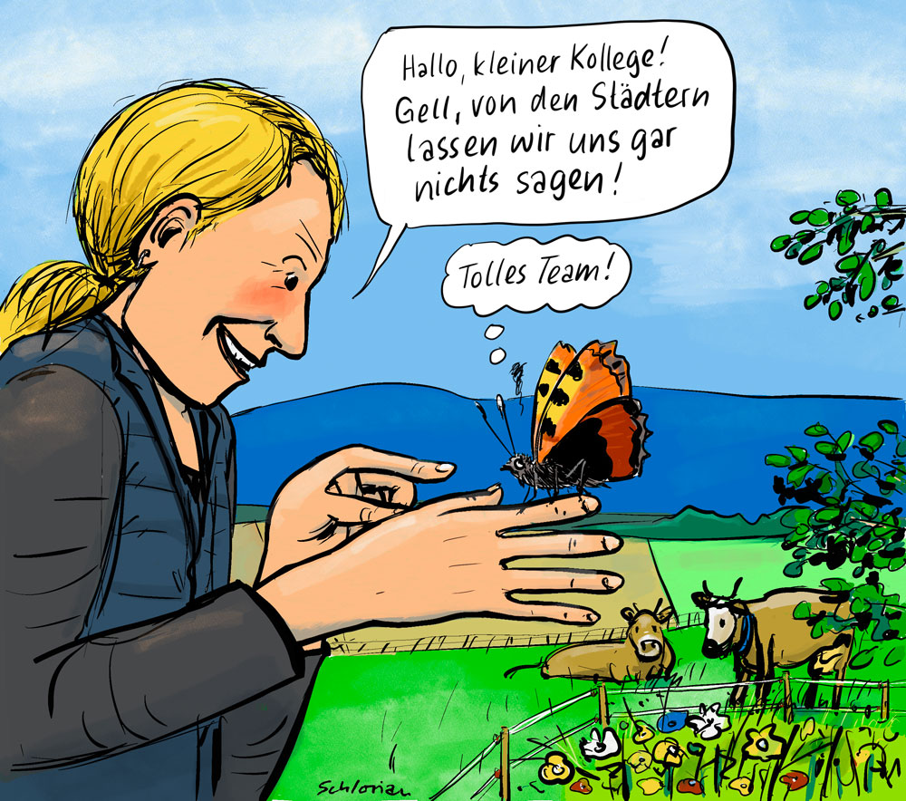 Landwirtin im Gespräch mit Schmetterling